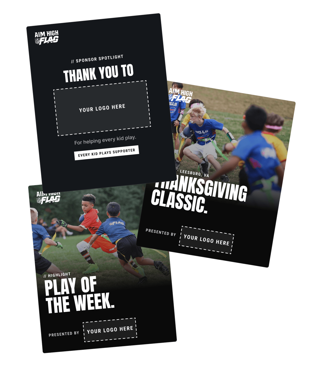 Aim High social posts with a Your logo here slot: Play of the Week presented by, a sponsor spotlight, and the Thanksgiving Classic presented by
